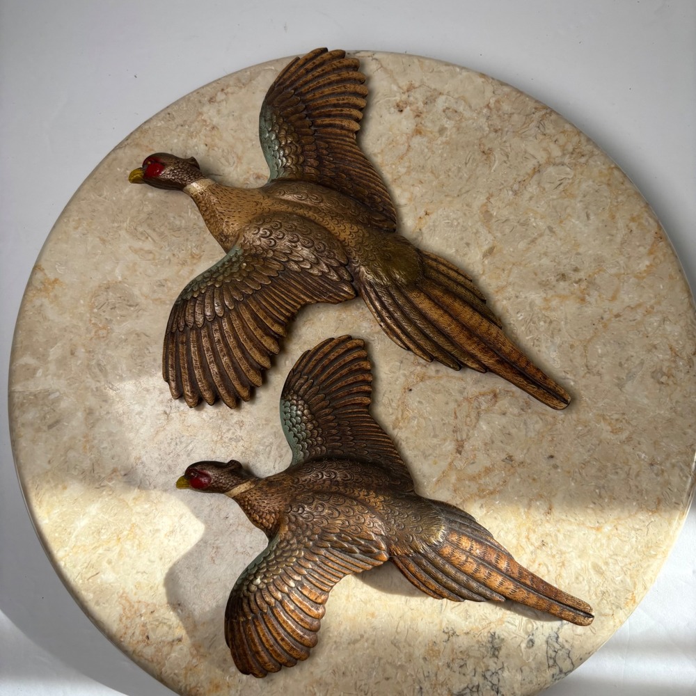 Vintage Pheasant Wall Decor Set of 2 Brown Flying Bird Wooden MCM Cabin Art